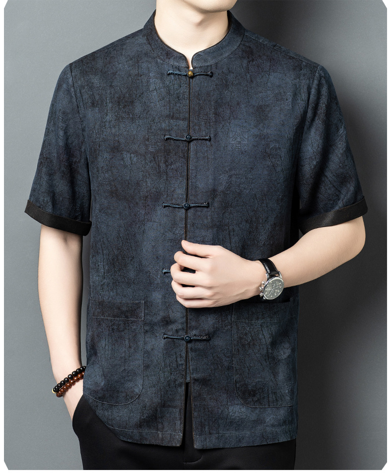 Áo thun nam tay ngắn lụa tơ tằm phong cách Trung Hoa cổ điển, chất liệu Mulberry Silk cao cấp — màu xanh da trời26201 chi tiết 12
