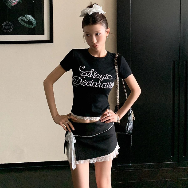 High-Quality American Retro Pearl Rivet Hot Girl Short-Sleeved Lace Summer High-End Versatile Short-Sleeved Tops for Women