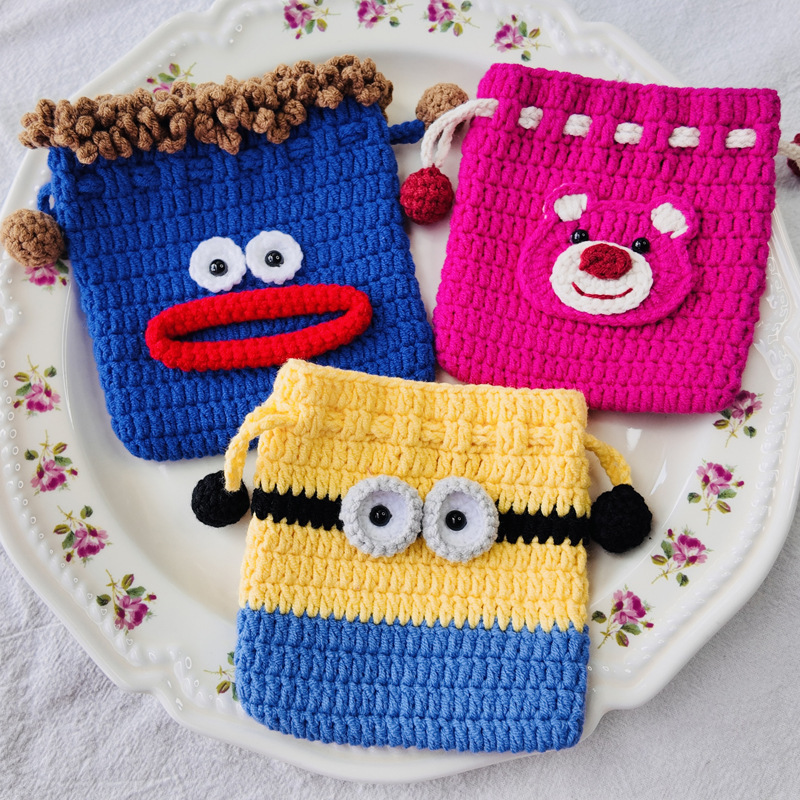 Cute Cartoon Woolen Knitted Drawstring Pocket Coin Purse Kidsren's Drawstring Cosmetics Bag Woolen Knitted Finished Headphone Bag