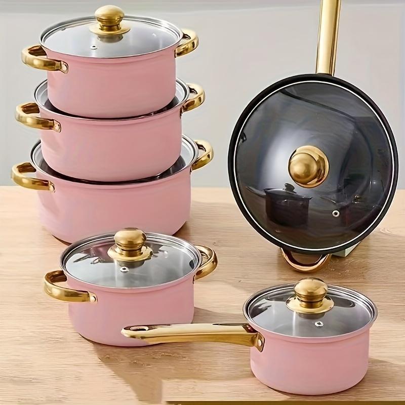12 piezas de acero inoxidable paneles de comercio exterior transfronterizo colorido antiadherente mango de oro exportación cocina set pot
