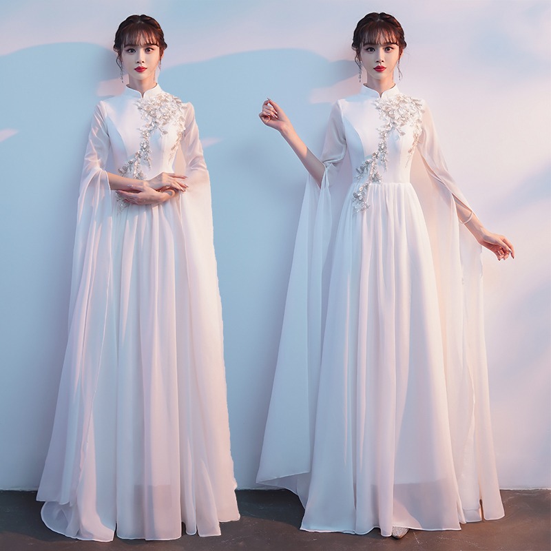 Chorus Group Performance Dress for Women, Long Dress with Chinese Style, Guzheng Performance Costume, Elegant Choir Performance Outfit with Long Sleeves