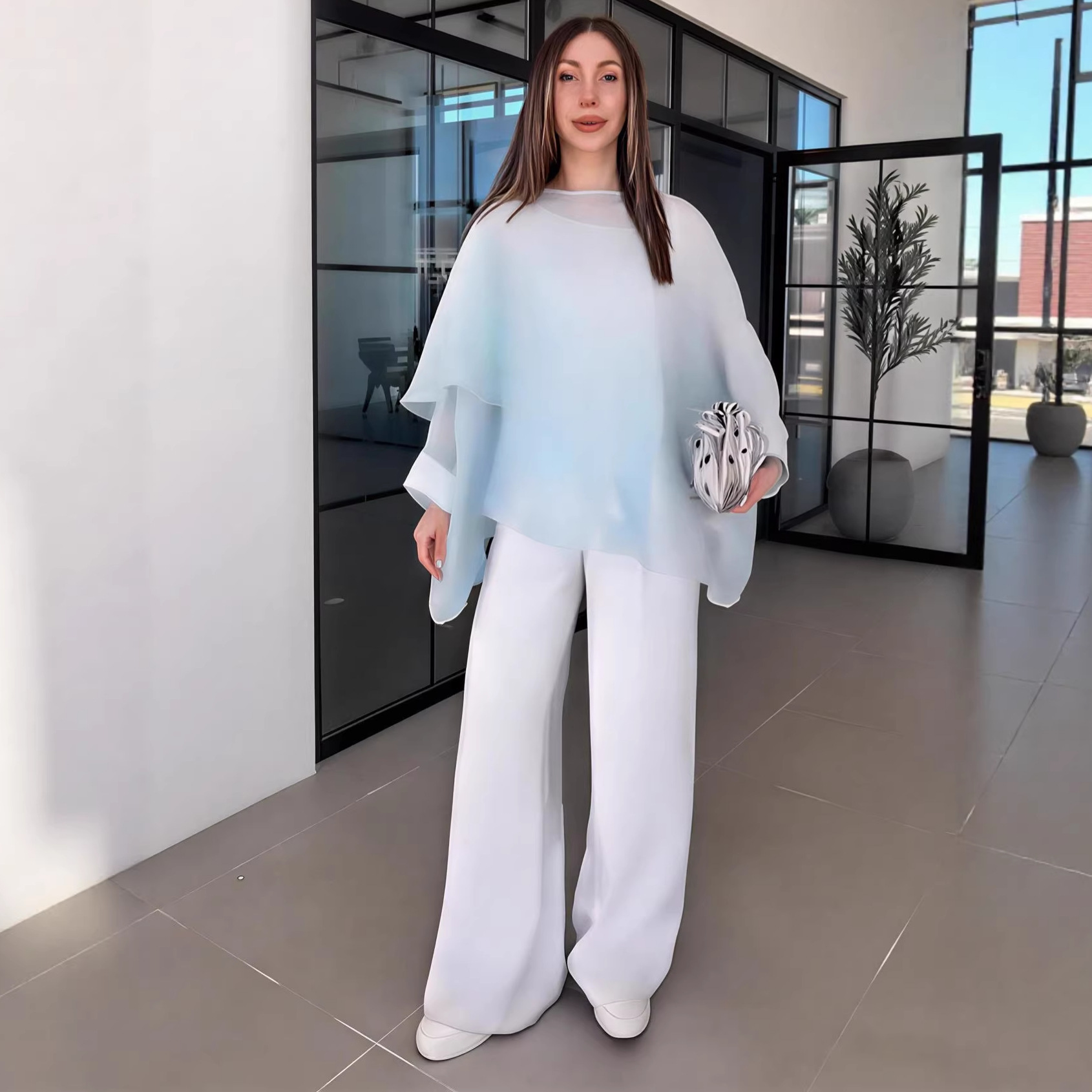 Amazon Cross-Border Foreign Trade 2026 Summer New Style T-Shirt with Stand Collar, Trendy and Fashionable, Slimming Shawl Drape Top
