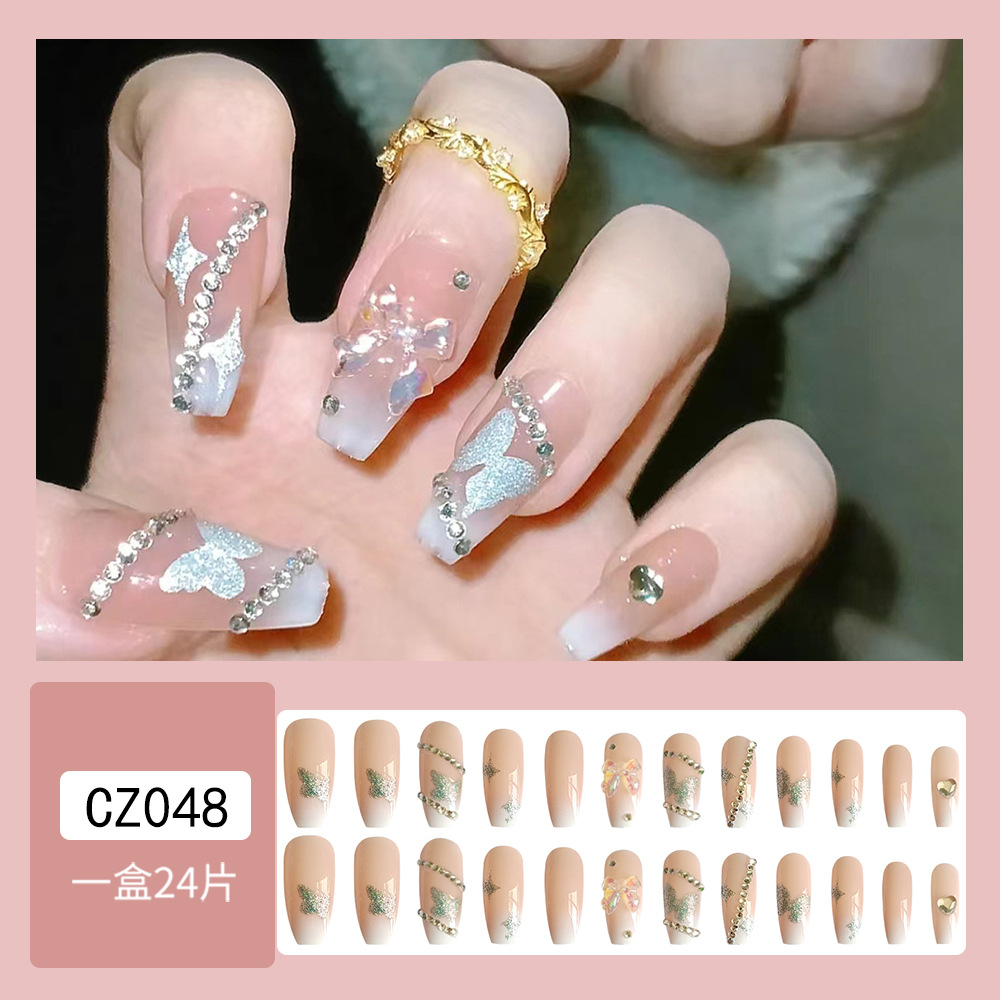 Desnudo perforación gradiente arco manicure polvo brillante mariposa amor cadena de perforación para usar uñas 24 piezas de parche de uñas