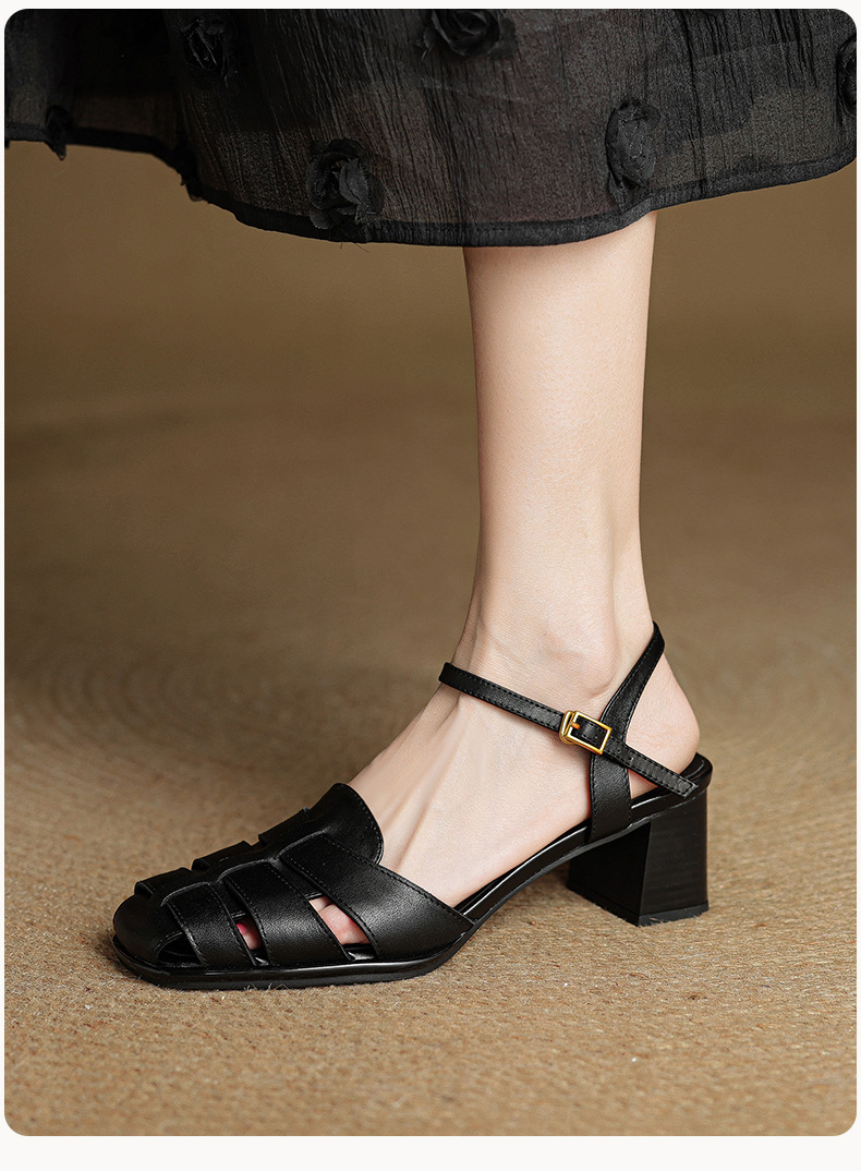 Sandal cao gót nữ quai ngang mũi kín da cừu dệt rỗng phong cách vintage — đen chi tiết 18