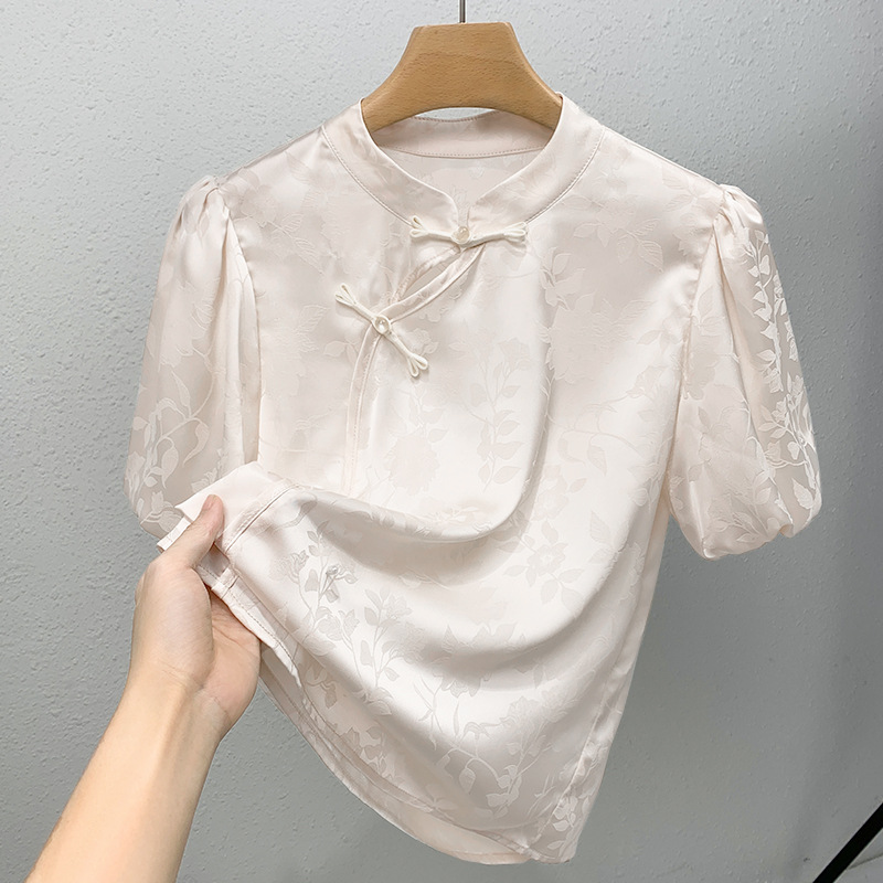 Nueva camisa de estilo chino para mujer 2024 verano nuevo estilo de alta gama burbuja de manga corta camisa de gasa de temperamento satinado