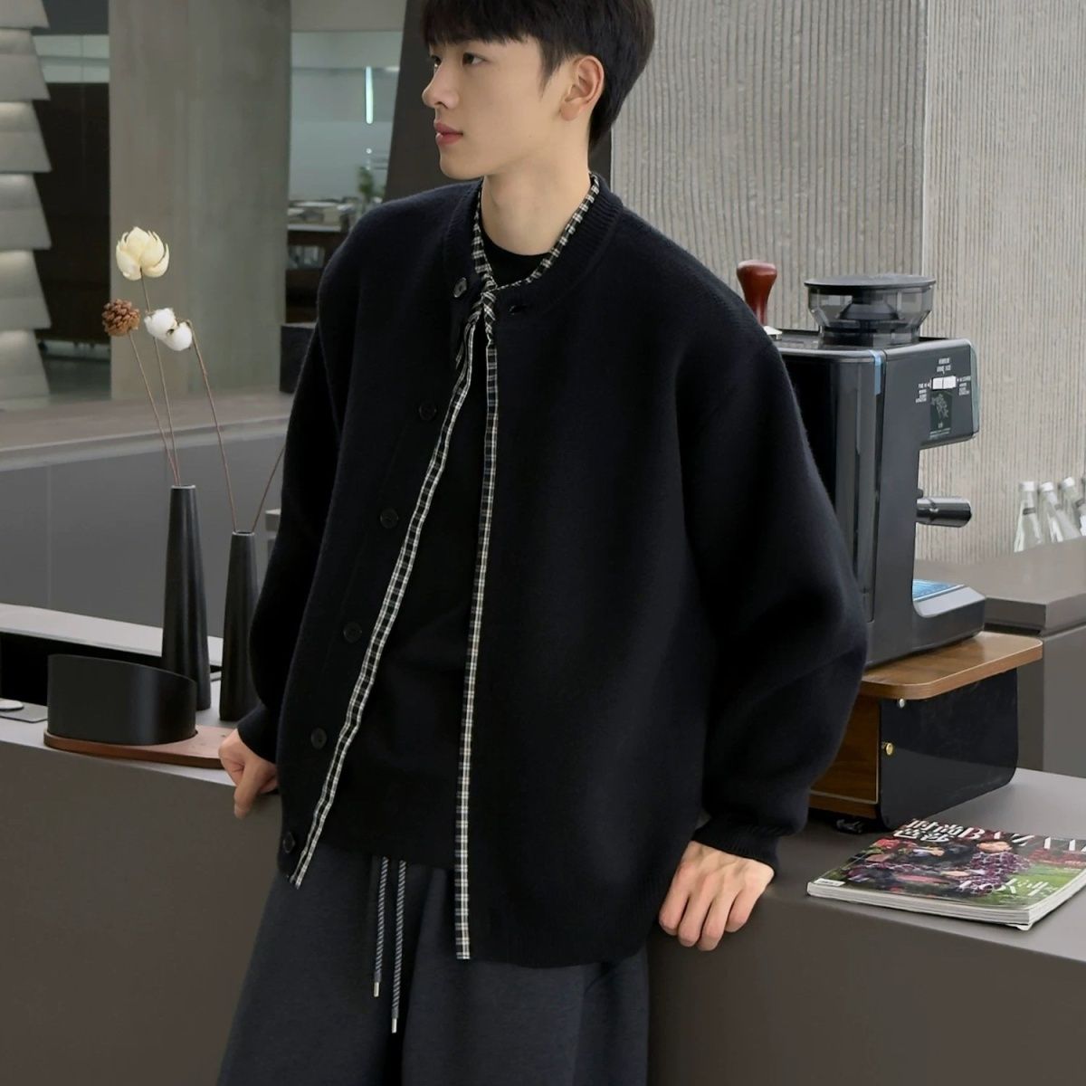 秋冬季外套男装假两件时尚针织格子拼接宽松休闲情侣毛衣韩版开衫