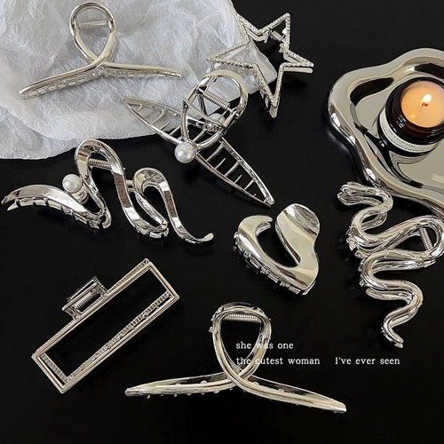 2023 new silver metal hairpin plate hair grabber hairpin back of the head large shark clip high-end headwear