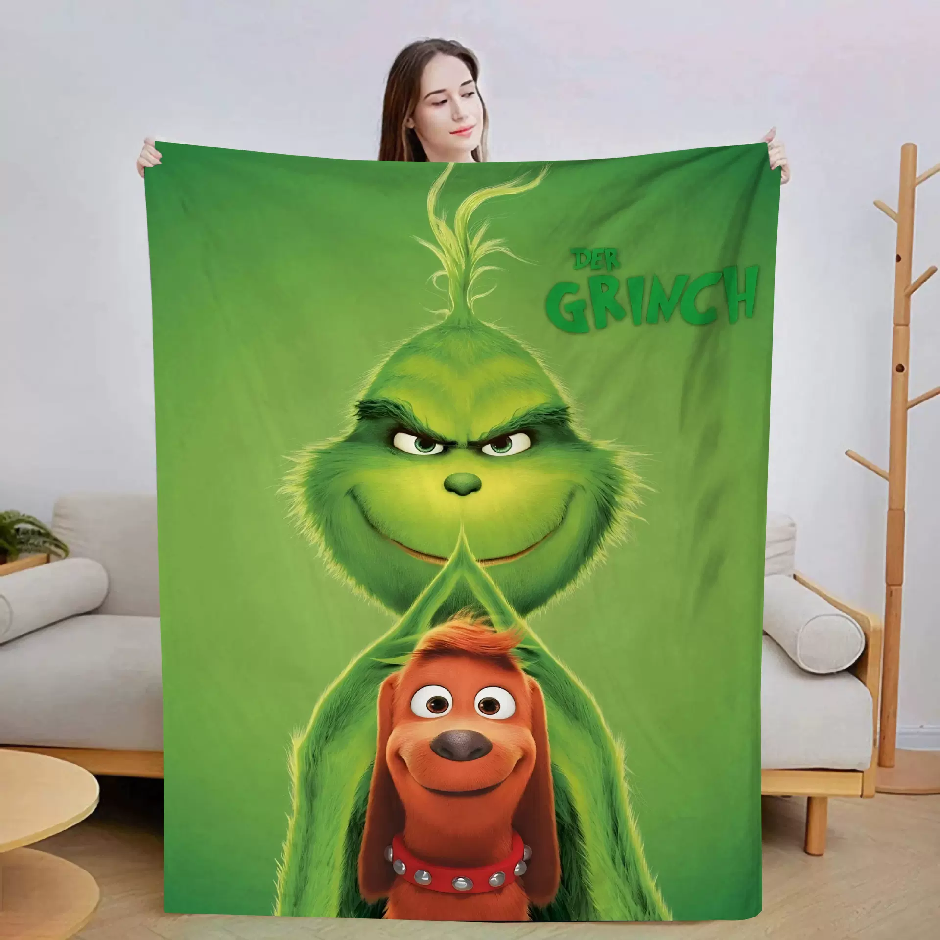 亚马逊热卖格林奇法兰绒毛毯单面印花办公室午睡空调盖毯一件代发