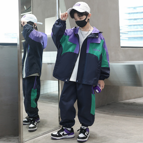 Boys' Spring and Autumn Set, Stylish Sporty School Uniform for Children with Hood, Trendy and Fashionable for Middle and Older Boys