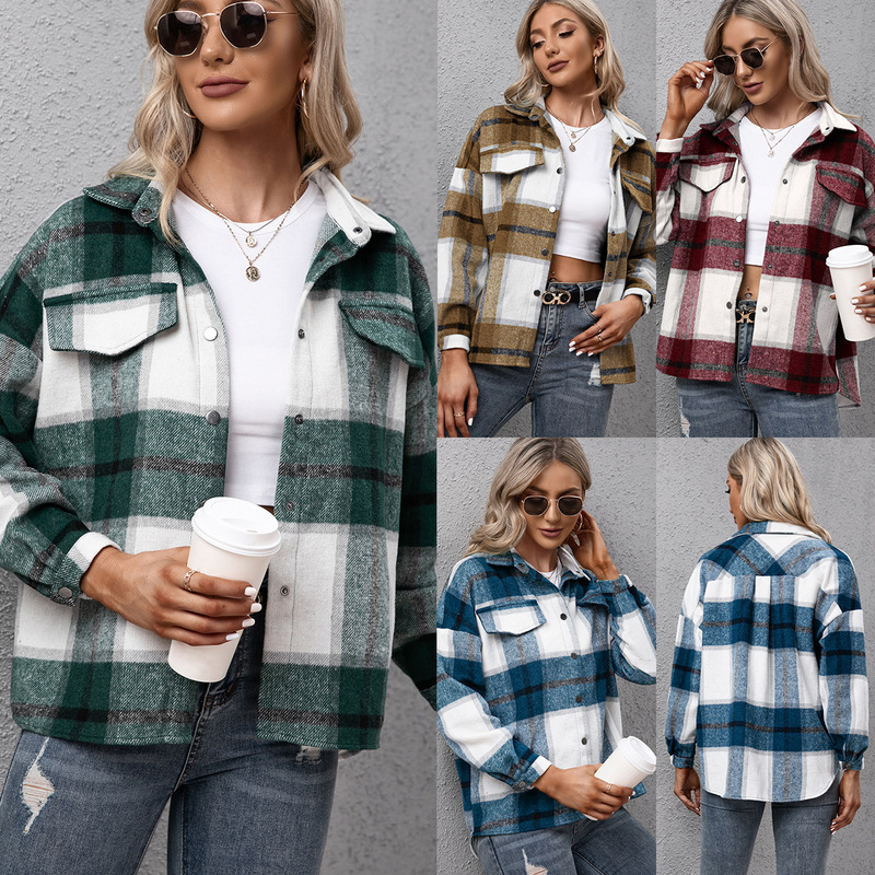 Foreign Trade Amazon Thickened Cashmere Long-sleeved Plaid Top Loose Casual Shirt Plush Plaid Jacket Coat Women