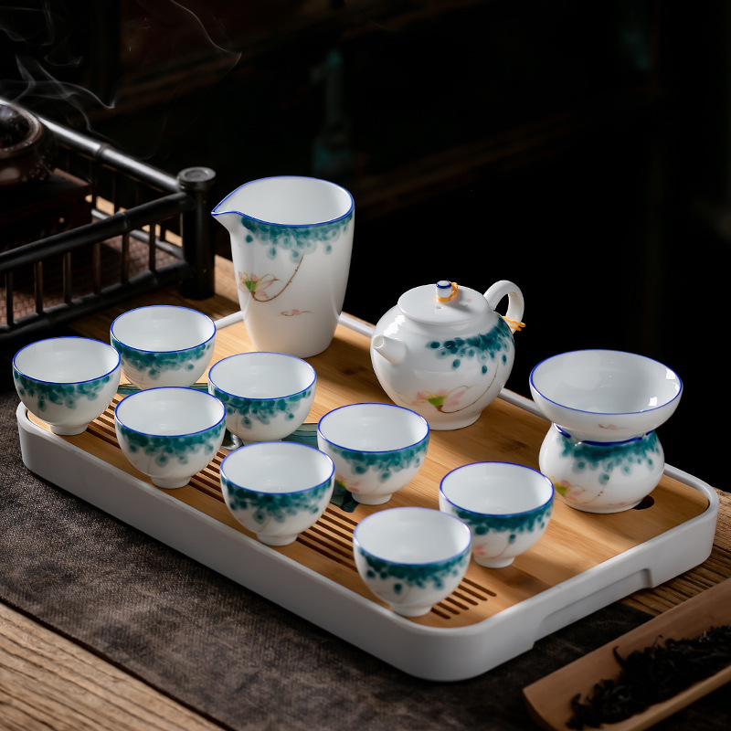Juego de té de Kung Fu de cerámica de estilo japonés traje de hogar pintado a mano porcelana blanca sancai Tazón de cubierta taza de té tetera