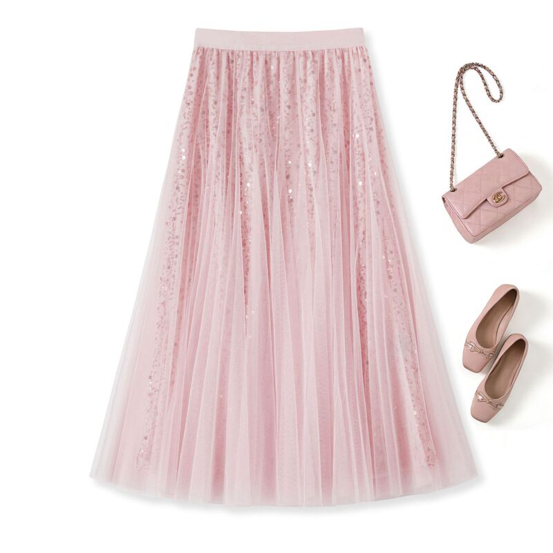 B2665 French-Style Gentle Sequined Mesh Skirt for Women, Elegant High-Waisted A-Line Flared Midi Skirt Wholesale B2665 French-Style Gentle Sequined Mesh Skirt for Women, Elegant High-Waisted A-Line Flared Midi Skirt Wholesale