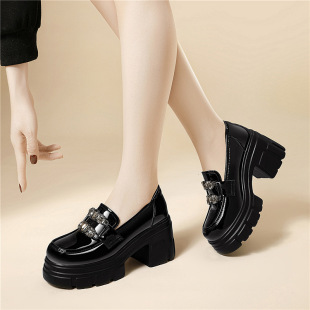 Spring 2025 New Elevated Leather Shoes Loafers Patent Leather Thick Heel Small All-match Comfortable Women's Shoes Elegant Dad