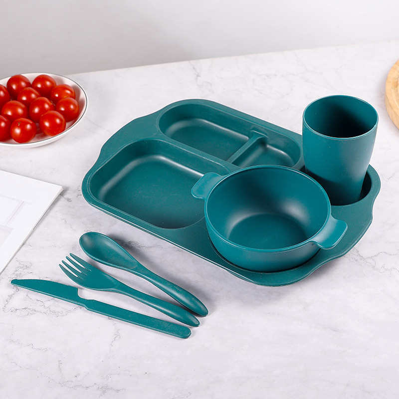 Plato de comedor para niños 24 piezas set de paja de trigo jardín de infantes anti-caída taza de plato de comedor cuchillo y tenedor cuchara set