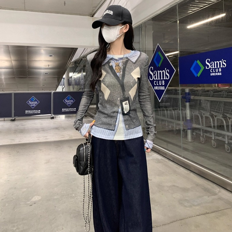 适美2025秋季设计感假两件圆领长袖T恤女装别致减龄显瘦印花上衣|undefined