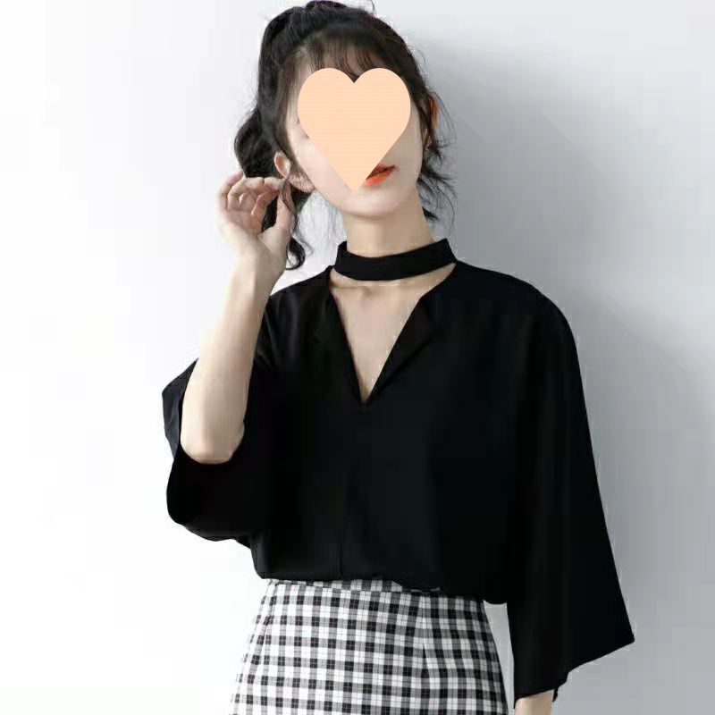 2025 春夏の新黒七分袖シャツ女性のファッショナブルなスタイルの繊細なデザイン襟ホルタートップ|undefined