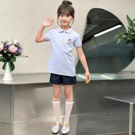 女童POLO领短袖t夏季2026新款学院风中大童洋气泡泡袖翻领刺绣T恤