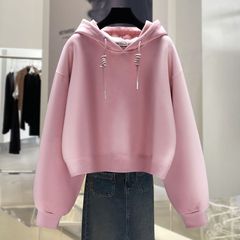 粉色短款连帽卫衣女加绒2025新款春秋冬美式休闲小个子百搭上衣潮