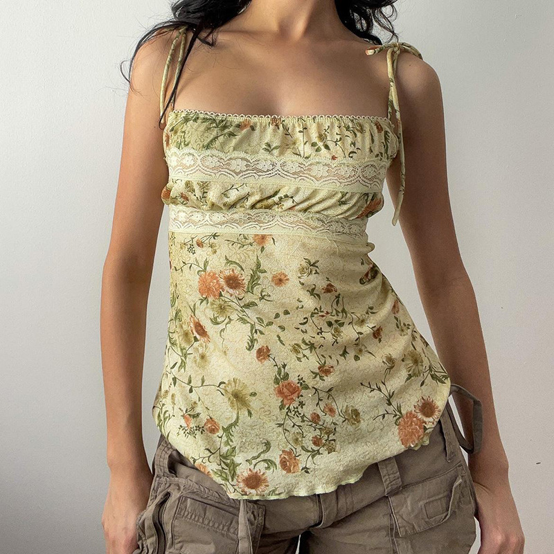 Lace-Up Retro Floral Print Lace Splicing Suspender Hot Girl Sexy One-Line Collar Off-Shoulder Niche Slim Vest