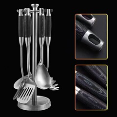 304ステンレス製調理器具、厚みのある木製ハンドルのスープスプーン、大きな穴あきフライパン用スパチュラ、キッチン用炒め物鍋用スパチュラセット