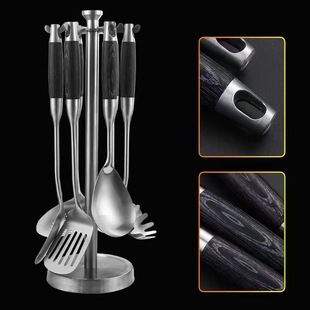 304 Stainless Steel Kitchenware Cooking Shovel Spoon Thickened Wooden Handle Soup Spoon Large Leakage Frying Shovel Kitchen Stir-frying suit
