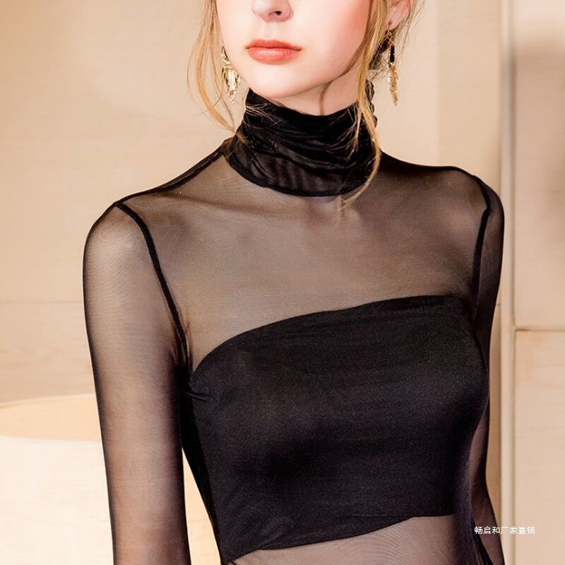 High-Neck Transparent Single-Layer Mesh Base Shirt for Women, Long-Sleeve Tight-Fitting Undershirt, Black Plus-Size Lace Thin Top High-Neck Transparent Single-Layer Mesh Base Shirt for Women, Long-Sleeve Tight-Fitting Undershirt, Black Plus-Size Lace Thin Top