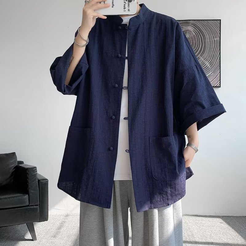 Nuevo estilo chino hebilla Tang traje de los Hombres estilo nacional de lino de manga corta Camisa de verano más el tamaño de algodón y lino Hanfu Bata