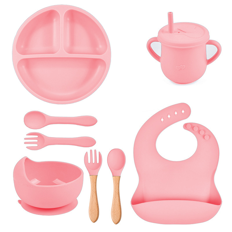Conjunto de cubiertos de silicona de 8 piezas pequeños platos de succión copas de paja de silicona cuenco delantal cuchara horquilla plato de bebé al por mayor