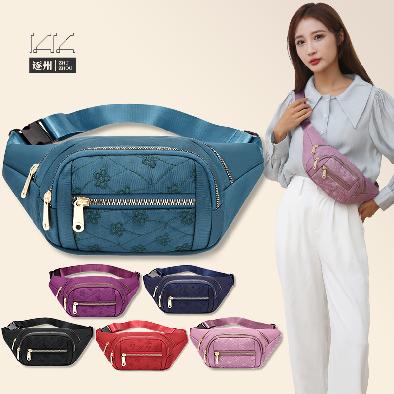 Ladies Embroidered Solid Color Nylon Crossbody Bag Single Shoulder Outdoor Simple Running Bag Sports Multi-functional Waist Bag Wholesale