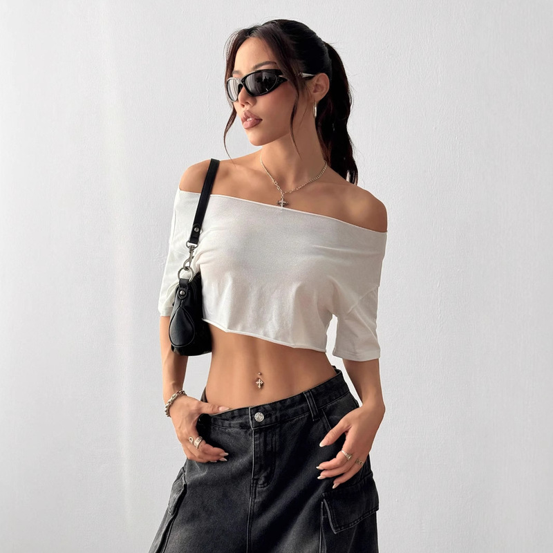 Summer New Pure Color Cool and Sexy Navel-Baring One-Shoulder Short T-Shirt Slimming Look Three-Quarter Sleeve Versatile Fashionable Top