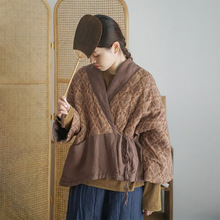 原创复古中国风印花斜襟撞色夹棉外套 汉服宽松禅意棉衣M21336