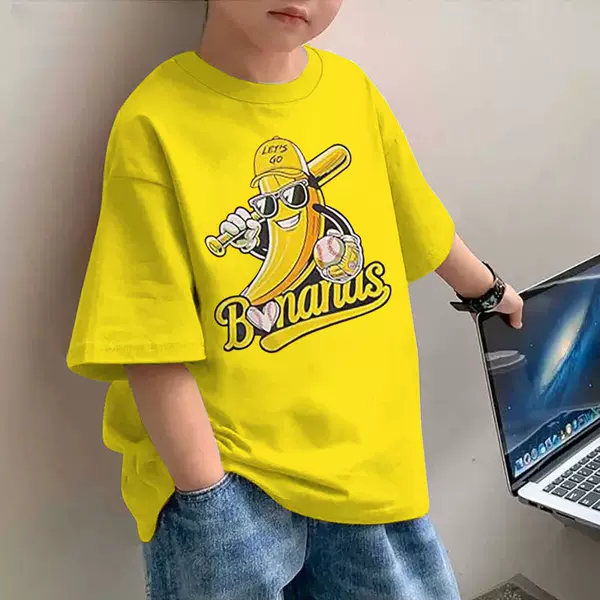 Baseball Banana Hot-Selling Children's Cartoon Trendy T-Shirt Amazon Loose Fit Casual Crew Neck Top for Older Kids