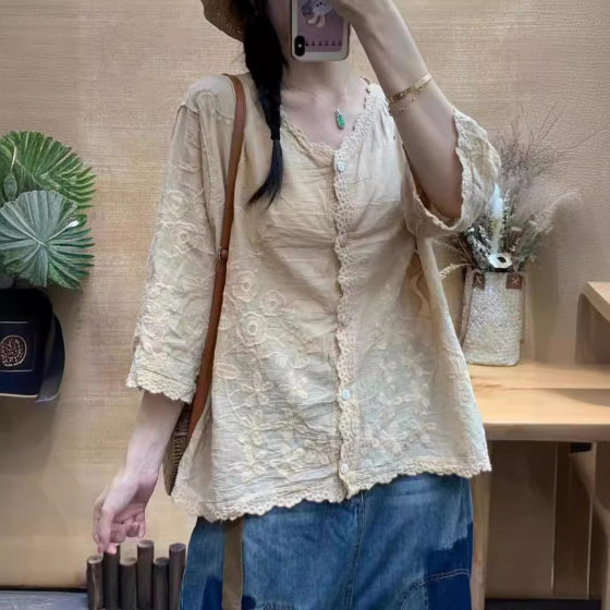 Summer Thin V-neck Double-sided Embroidered Seven-point Sleeve Women's Mori Soft All-match Shirt Cardigan Artistic Shirt Top