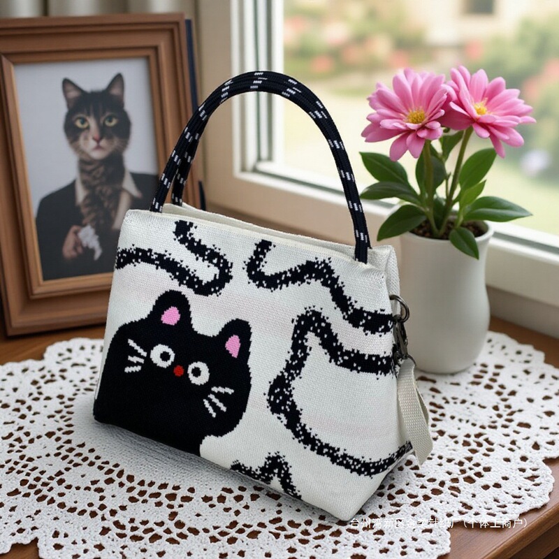 Korean-style knitted bag, cute handbag tote for work and commuting, casual large-capacity zippered crossbody handbag