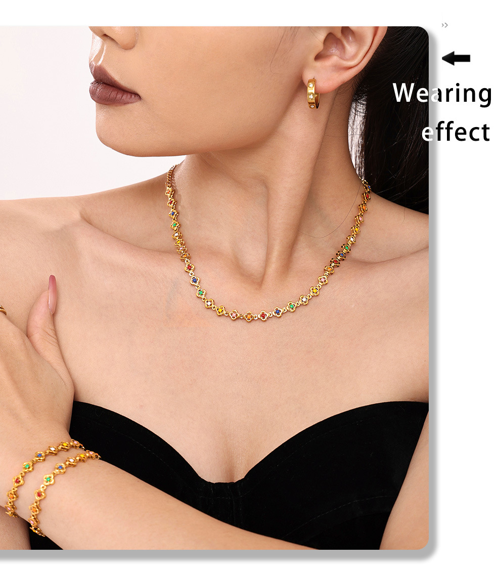 Set Collier Et Bracelet Motif Fleur En Acier Inoxydable_voghion.com