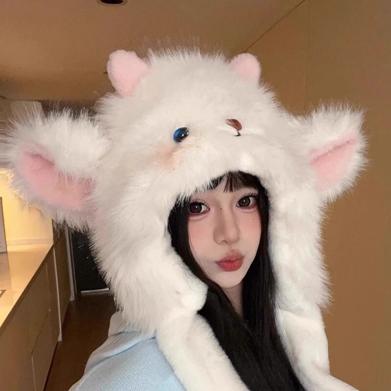 可爱卡通耳朵会动小羊加厚保暖毛绒帽子女冬季防寒护耳网红雷锋帽|undefined