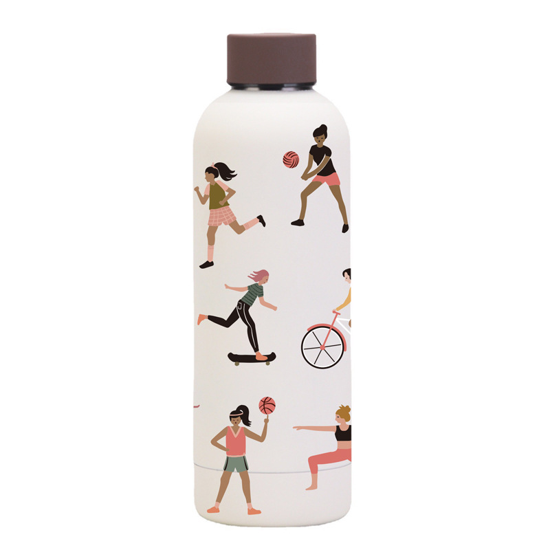 2024 nueva taza de vacío de acero inoxidable transfronteriza creativa americana botella de boca pequeña taza de agua abstracta taza de carrera simple al por mayor