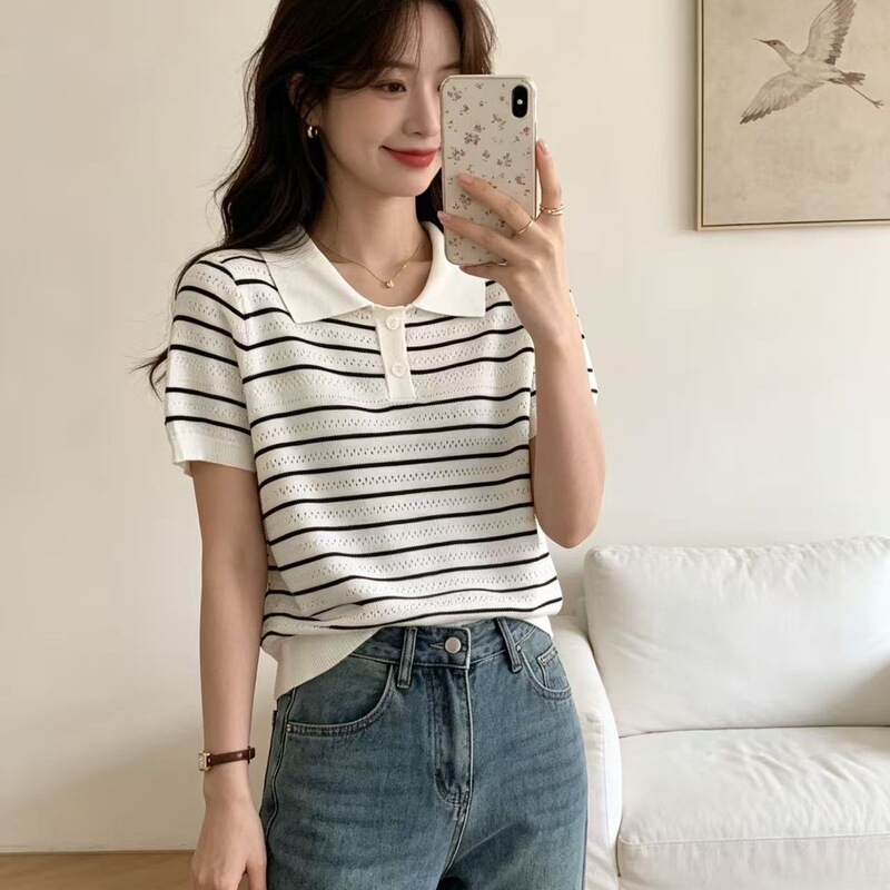 3inch Timeless 4333 Exquisite Jacquard Polo Shirt Lyocell Cool Knitwear Summer Turn-Down Collar Striped Top