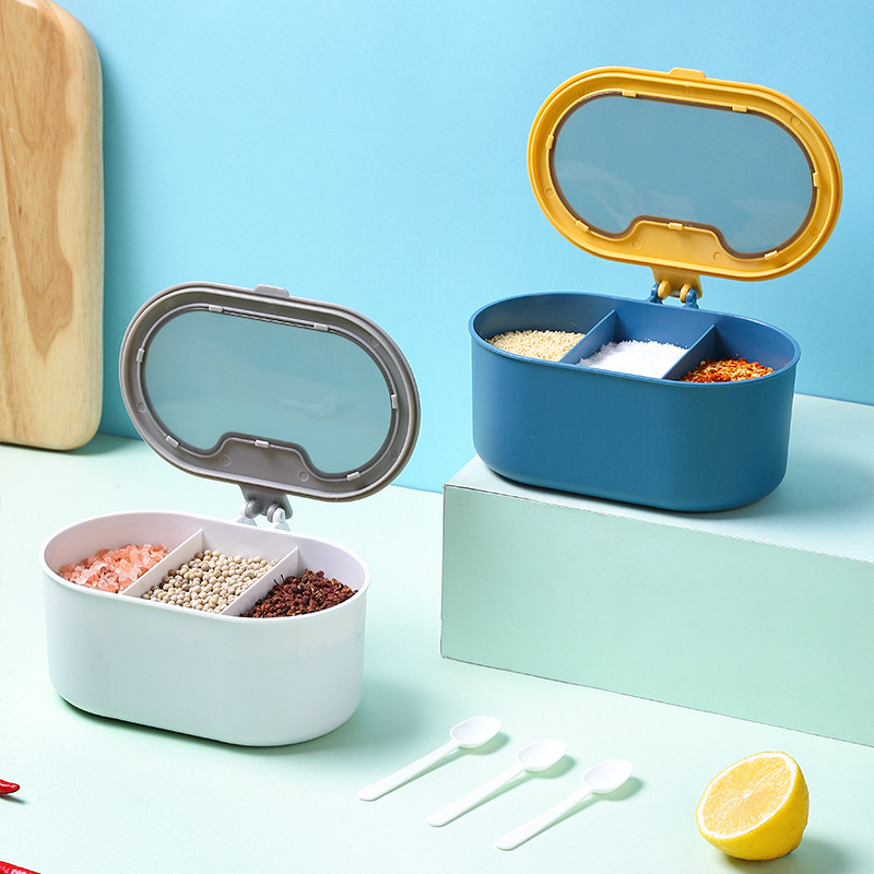 Caja de condimentos multi-rejilla combinación de almacenamiento traje de cocina del hogar suministros condimento JAR sal azúcar gourmet en polvo caja de almacenamiento de tres rejillas