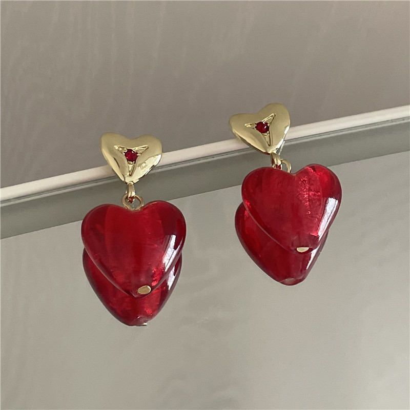 French retro cherry red heart diamond niche design temperament wild fashion earringspicture3