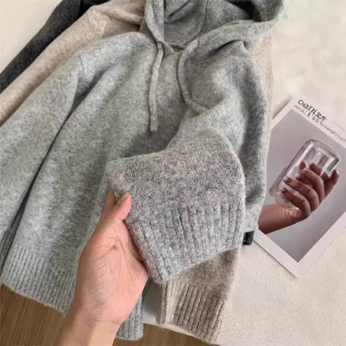 Lazy khaki hoodie for women loose Korean style warm versatile pullover wool sweater autumn and winter sweater