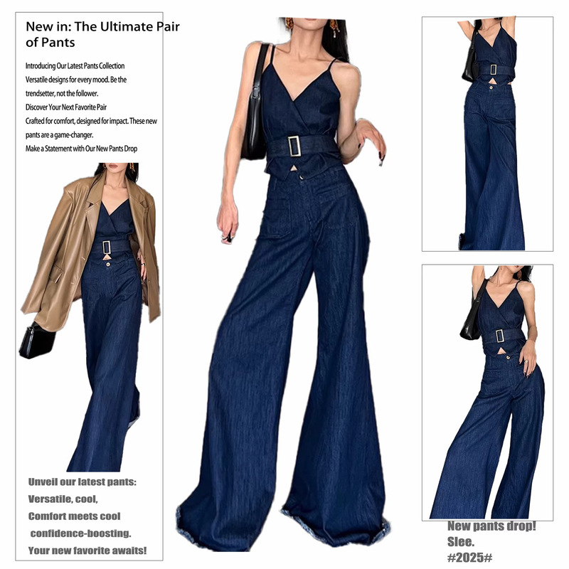 Hong Kong-Style Retro Distressed Design Niche Deep V-Neck Denim Camisole Sleeveless Top and High-Waisted Flared Pants Two-Piece Set Hong Kong-Style Retro Distressed Design Niche Deep V-Neck Denim Camisole Sleeveless Top and High-Waisted Flared Pants Two-Piece Set