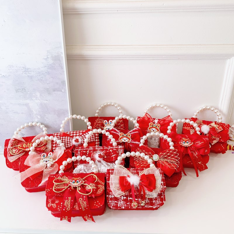 Bolsos rojos para niños, bolsos de arco de perla para chicas, regalos de Navidad y Año Nuevo, bolsos de transporte