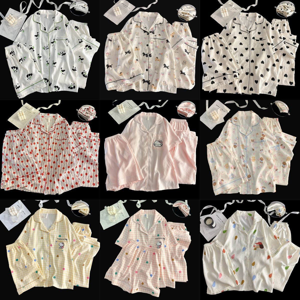 Al por mayor transfronterizo nubes de algodón tres piezas pijamas de mujer pantalones cortos de manga corta una variedad de cardigans con solapas de dibujos animados ropa para el hogar