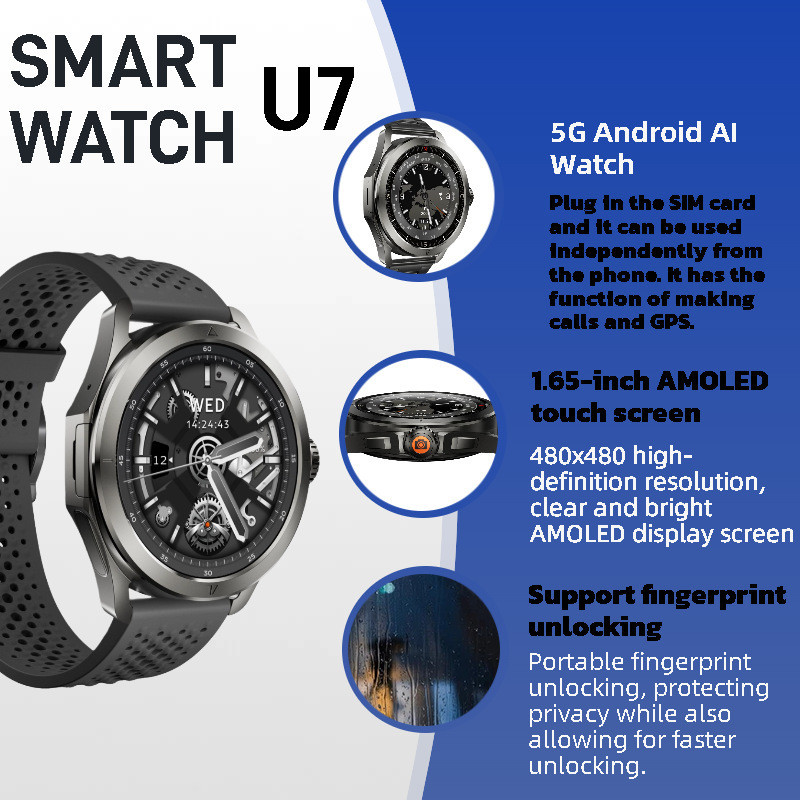U7 5g Android Smart Watch Independent Sim Card Rotating Camera Fingerprint Unlocking 1000Mah Large Battery