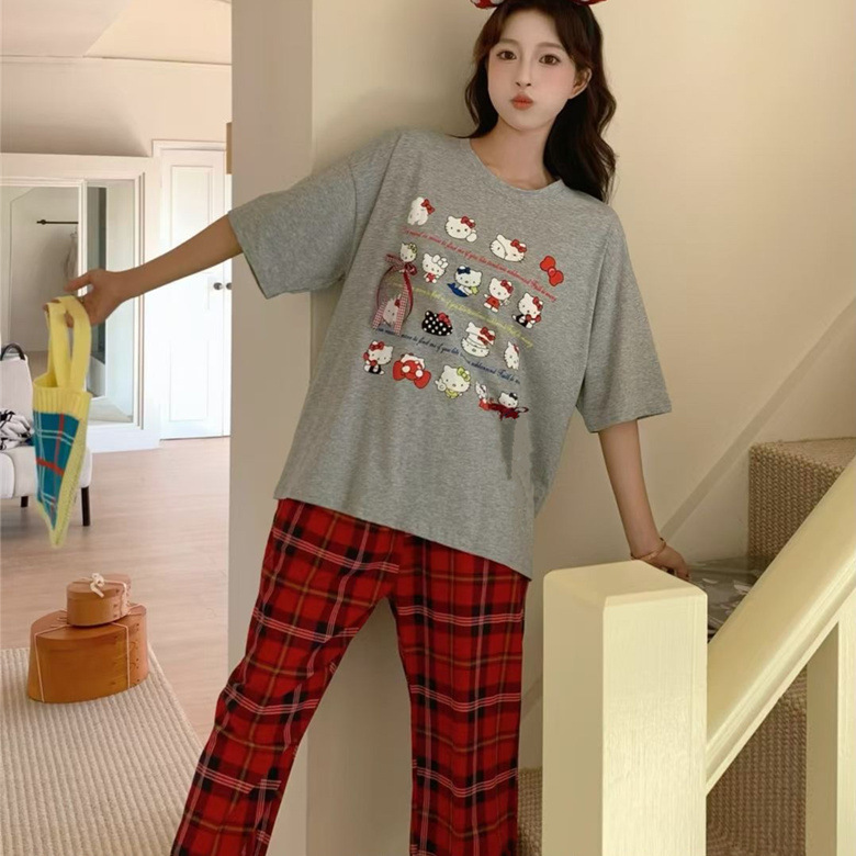 그레이 멀티 KT 캣 레드 체크 팬츠 쇼트 및 롱