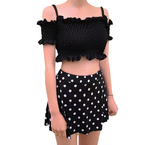 Swimsuit for women - summer black polka dot bikini - small chest, gathers to cover the abdomen, slender body, separates into two parts, hot spring swimsuit