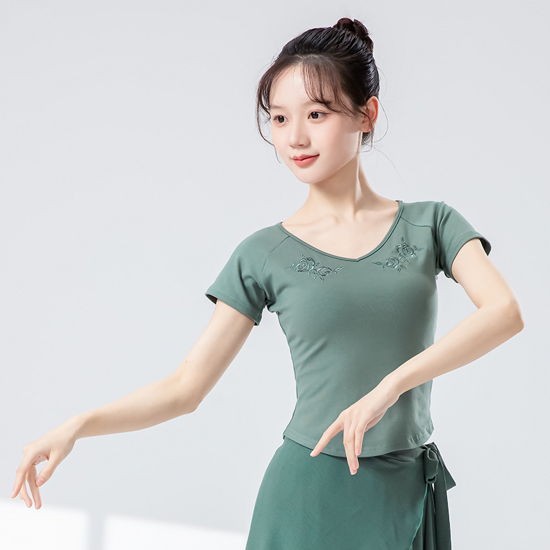 女性のためのモダンダンス服夏の新しいスリム半袖プリント毎日の練習ボディスーツ中国のダンス服トップ|undefined