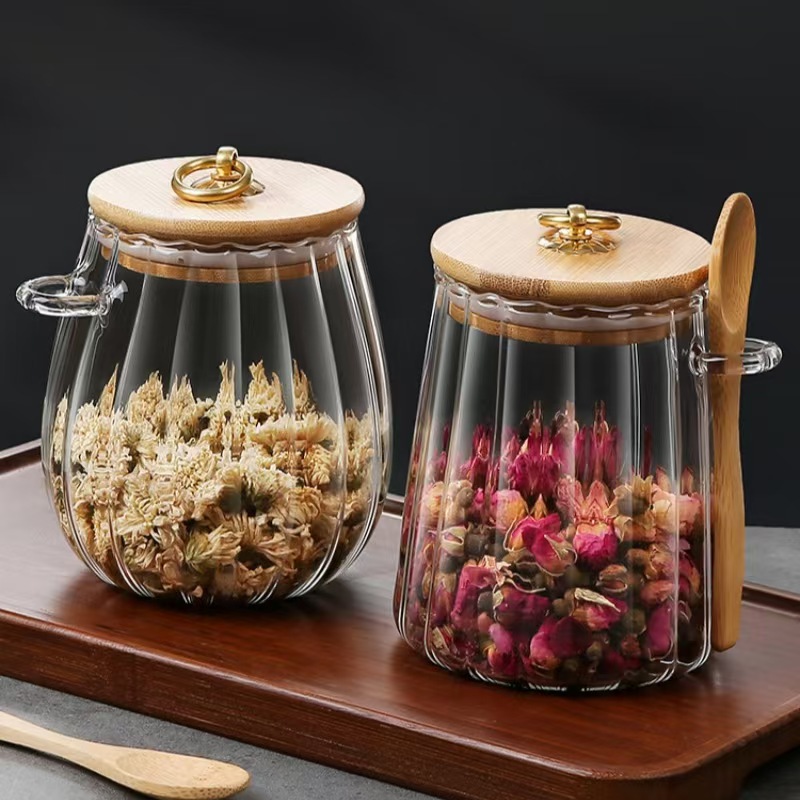 Striped Petal Jar Hanging Spoon Household Sealed Candy Jar Kitchen Coarse Grain Jar with Spoon Pull Ring Kitchen Storage Bottle