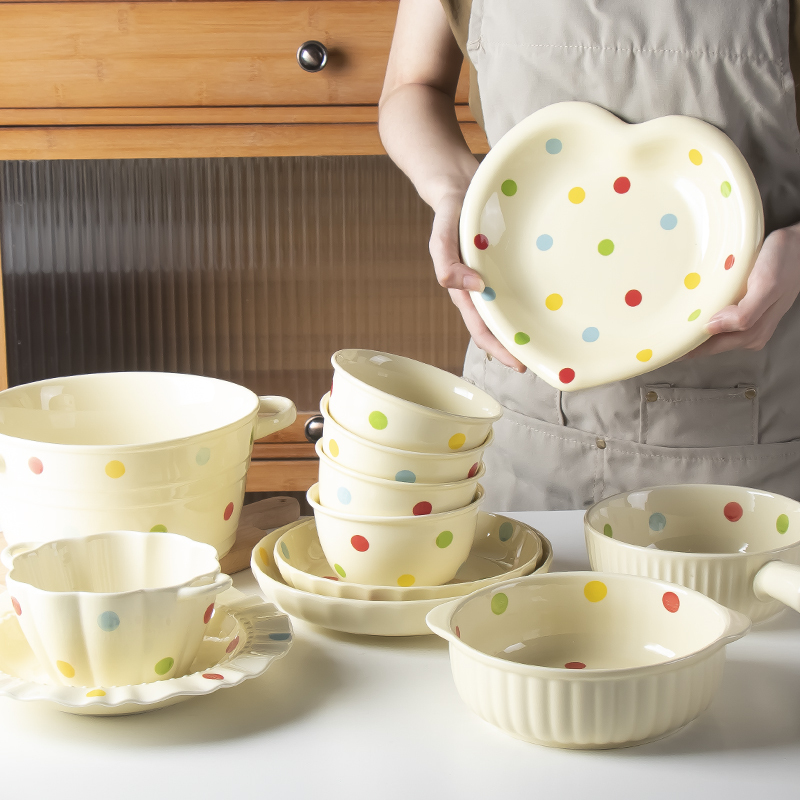 Ceramic Bowl French Cream Style Bowl Household 2024 New Ceramic Rice Bowl and Dish Set Housewarming Underglaze Color Tableware